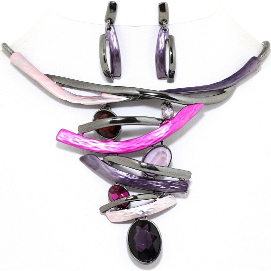 19" Necklace Earring Set Lines Oval Multi Color DKG Purpl FNE413