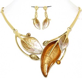 Necklace Earring Set Leaf Leaves Gold Tone Brown Tan FNE417