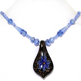 Glass Pendant Crystal Necklace Flower Spoon Blue Black FNE421