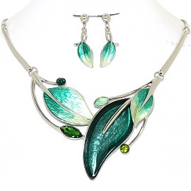 Necklace Earring Set Leaf Leaves Silver Tone Teal FNE424