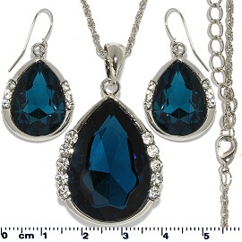 Necklace Earring Set Chain Tear Crystal Gem Silver D Teal FNE425