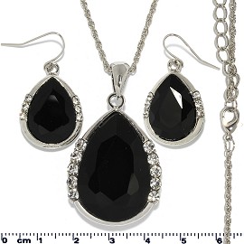 Necklace Earring Set Chain Tear Crystal Gem Silver Black FNE431