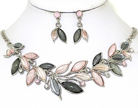 Necklace Earring Set Vine Leaves Multi Color Gray Pink FNE433