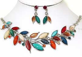 Necklace Earring Set Vine Leaves Multi Color Teal Orange FNE435