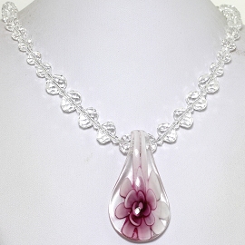 Glass Pendant Crystal Necklace Flower Teardrop Clear Pink FNE437