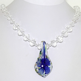 Glass Pendant Crystal Necklace Flower Leaf Clear Blue WT FNE440