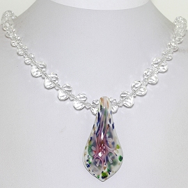 Glass Pendant Crystal Necklace Flower Leaf Clear Pink WT FNE442