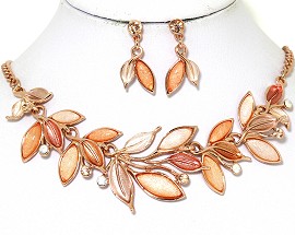 Necklace Earring Set Vine Leaves Multi Color Peach Orange FNE443