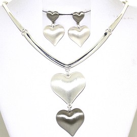 Necklace Earring Set Shiny Hearts Silver Tone Gray FNE446