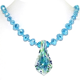 Glass Pendant Crystal Necklace Flower Leaf Turquoise WT FNE448