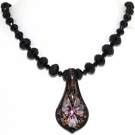 Glass Pendant Crystal Necklace Flower Leaf Black Pink FNE452