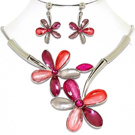 Necklace Earring Set Large Flower Multi Color Magenta FNE453