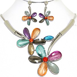 Necklace Earring Set Large Flower Multi Color Silver Tone FNE454