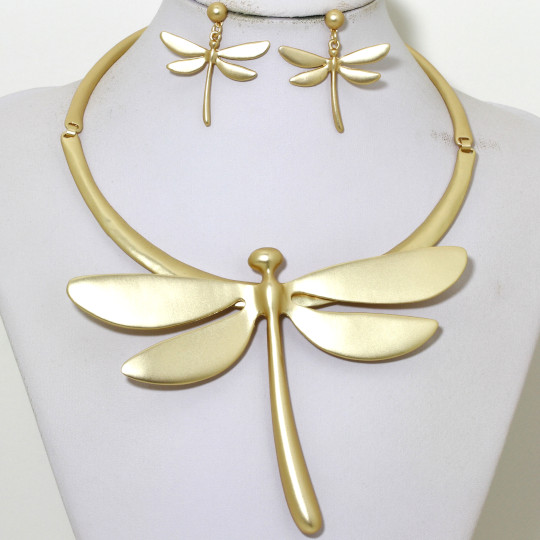 17-21" Dragonfly Necklace Earrings Set Frost Gold Alloy FNE455