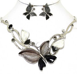 Necklace Earring Set Butterfly Rhinestones Black Gray FNE461