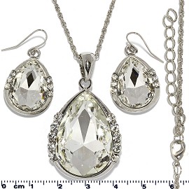 Necklace Earring Set Chain Tear Crystal Gem Silver White FNE468
