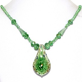 Glass Pendant Crystal Necklace Flower Spoon Green White FNE470