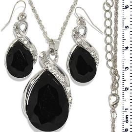 Necklace Earring Set Chain Tear Crystal Gem Silver Black FNE474
