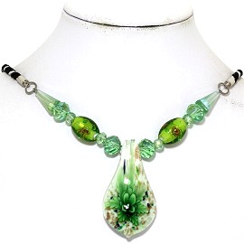 Glass Pendant Crystal Necklace Flower Spoon Green White FNE487