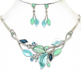 Necklace Earring Set Leaf Leaves Silver Tone Turquoise FNE500