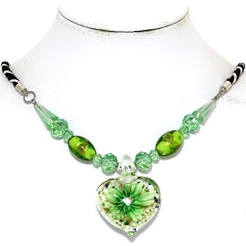 Glass Pendant Crystal Necklace Flower Heart White Green FNE501
