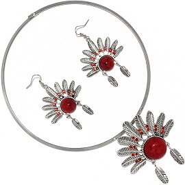 Solid Choker Necklace Earring Set Hat Silver Red FNE506