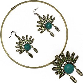 Solid Choker Necklace Earring Set Hat Antique Gold Teal FNE511
