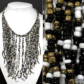 Seed Beads Necklace Black Gold White FNE514