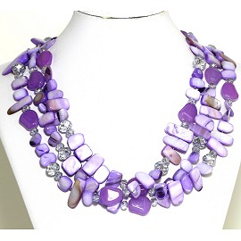 Necklace 3 Strand Crystal Rectangle Seashell Lavender FNE541