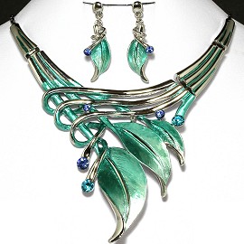 Necklace Earrings Set Sky Blue Silver Leaf FNE565