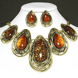 Necklace Earring Set Oval Tear Brown Gold FNE568
