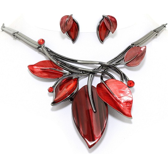 19" Necklace Earring Set Leaf Leaves MC Red Maroon Gray FNE569