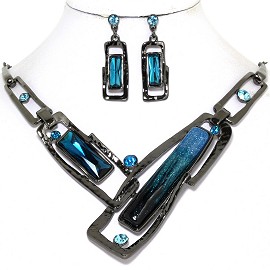 Necklace Earring Set Rectangle Rhinestone Gray Turquoise FNE572