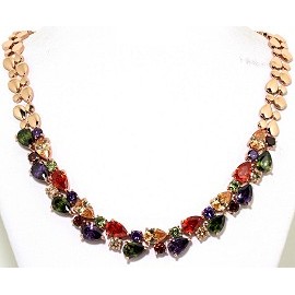 Zircon Crystal Necklace Earring Set Multi Color Gold Tone FNE575 Zircon Crystal Necklace Earring Set Multi Color Gold Tone FNE575