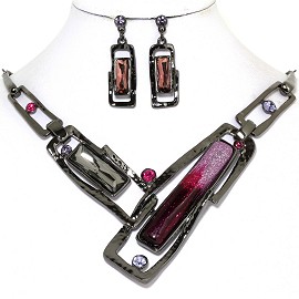 Necklace Earring Set Rectangle Rhinestone Gray Purple FNE576