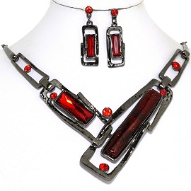 Necklace Earring Set Rectangle Rhinestone Gray Red FNE579