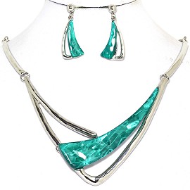 Necklace Earring Set Long Gem Shard Silver Turquoise FNE581
