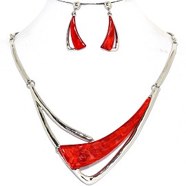 Necklace Earring Set Long Gem Shard Silver Red FNE582