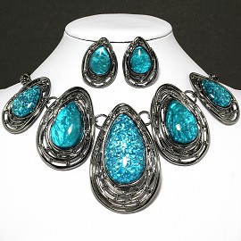 Necklace Earring Set Oval Tear Gray Turquoise FNE591