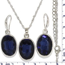 Necklace Earring Set Chain Oval Crystal Gem Silver D Blue FNE595