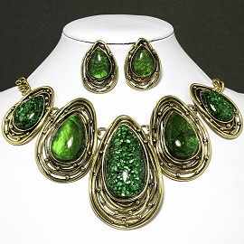 Necklace Earring Set Oval Tear Gold Green FNE599
