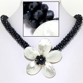 18" Mother Of Pearl Flower Mini Crystal Beads Black White FNE602