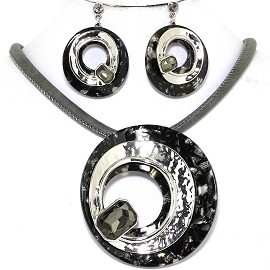 19.5" Necklace Earring Set Doughnut Gem Gray Silver Black FNE622
