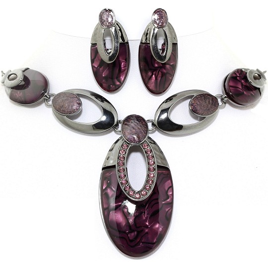 19" Necklace Earring Set Oval Rhinestones MC Purple Gray FNE624