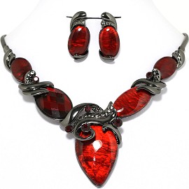 Necklace Earring Set Oval Red Gray FNE628