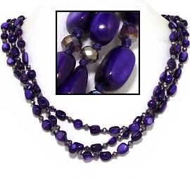 24" Necklace Three Line Stone Crystal Bead Purple FNE634