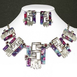 Necklace Earring Set Rectangle Silver Purple FNE648