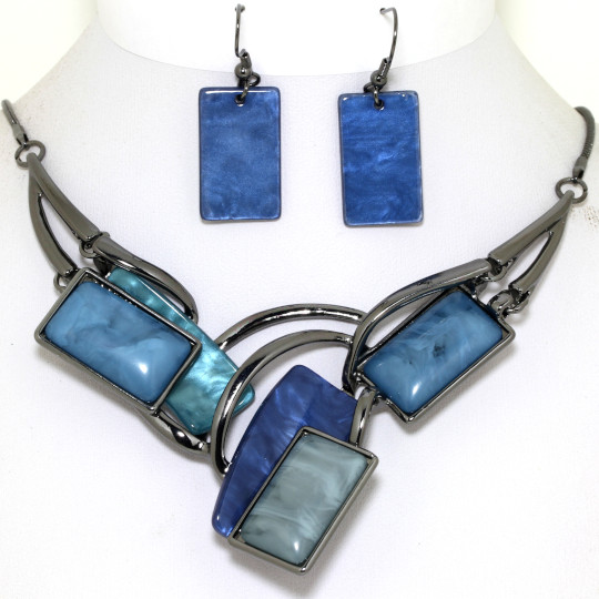17-20" Necklace Earrings Set Rectangles Dark Gray Blue Col FN655