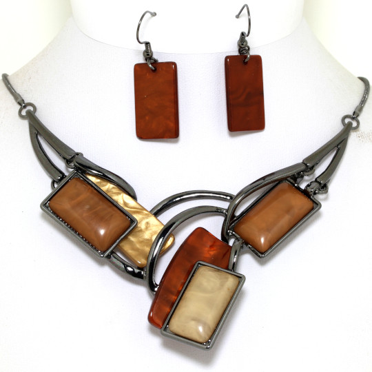 17-20" Necklace Earrings Set Rectangles Dark Gray Brown Co FN656