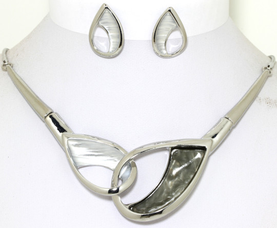 16-19" Choker Necklace Earrings Set Tear Drop Silver Tone FN661